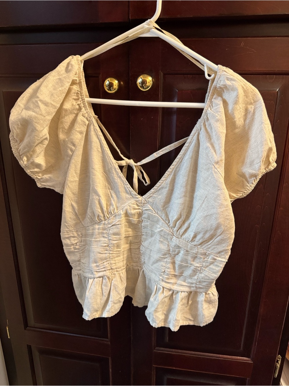 Sim &Sam - Beige Puff Sleeve V-Neck Peplum Top